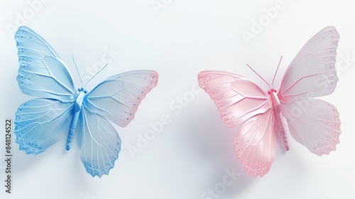 Two butterflies with a pastel color scheme, one blue and one pink, against a white background