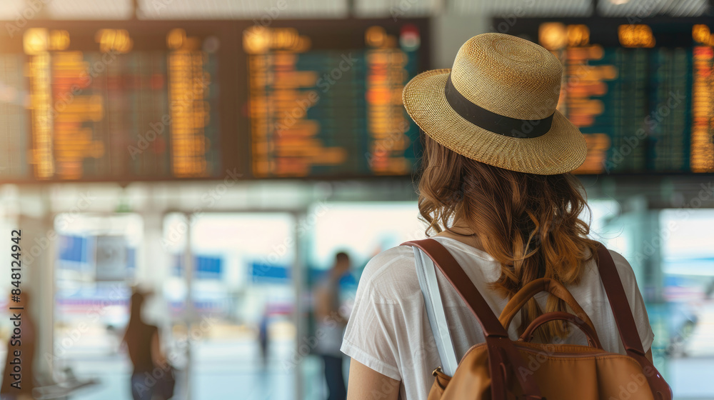 A Woman Checking Travel Times on Flight Information Board at Airport A Woman Checking Travel Times on Flight Information Board at Airport
