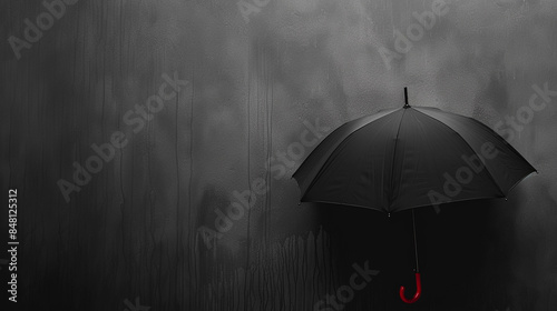 a solitary black umbrella with a distinctive red hook handle against a textured grey background