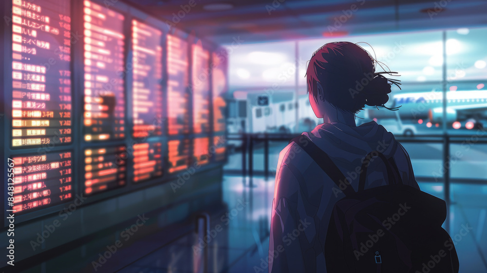 A Woman Checking Travel Times on Flight Information Board at Airport