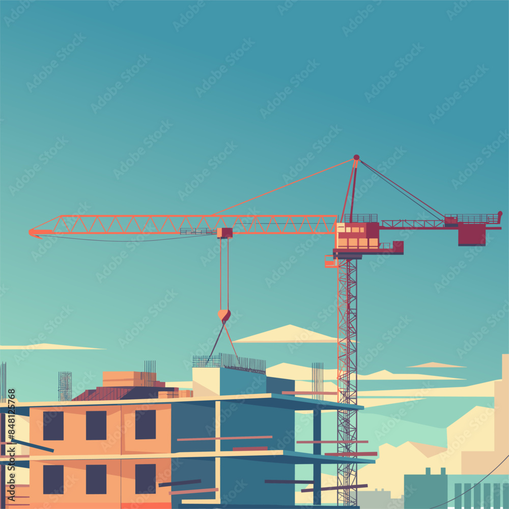 Construction crane on a construction site against the background of buildings under construction. Vector flat illustration