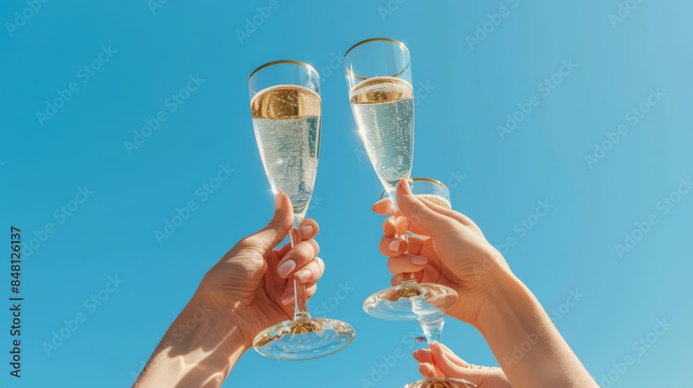 Professional photo close up of three female hands holding champagne glasses towards the sky to cheer. daylight. blue sky