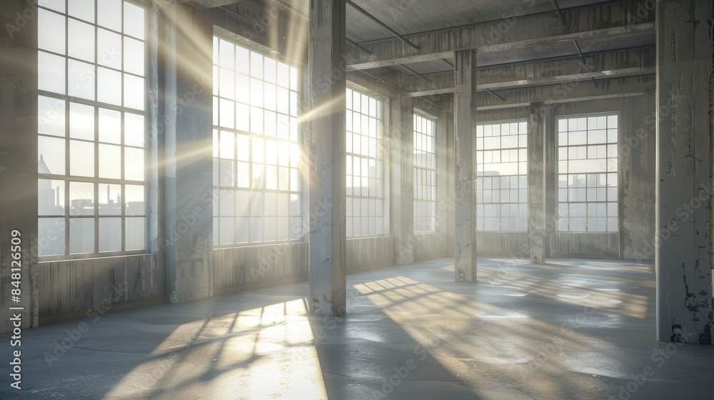 Roomy area brightened by sunlight pouring in through windows Unoccupied inside area Roomy area brightened by sunlight pouring in through windows Unoccupied inside area