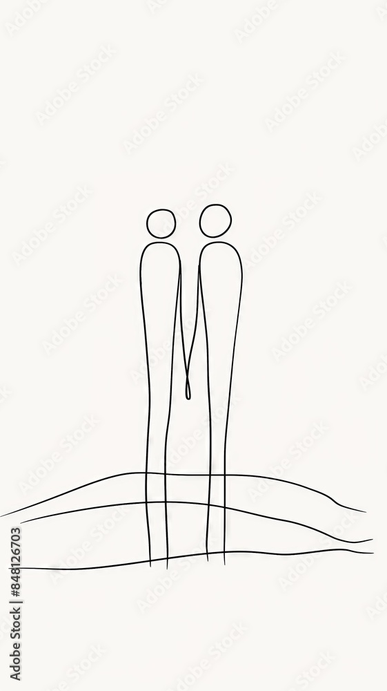 Vertical AI illustration minimalist line art of couple holding hands. Graphic resources concept.