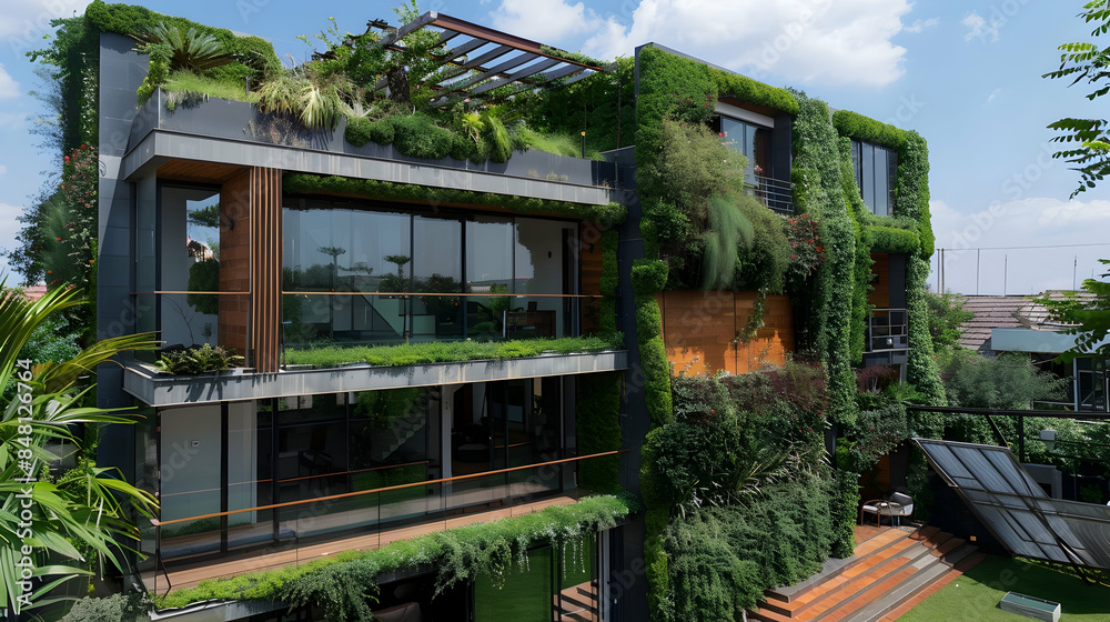 An eco-friendly home with a green living wall facade, blending modern design with sustainability, and featuring a staircase made from reclaimed wood and a rooftop garden with solar panels