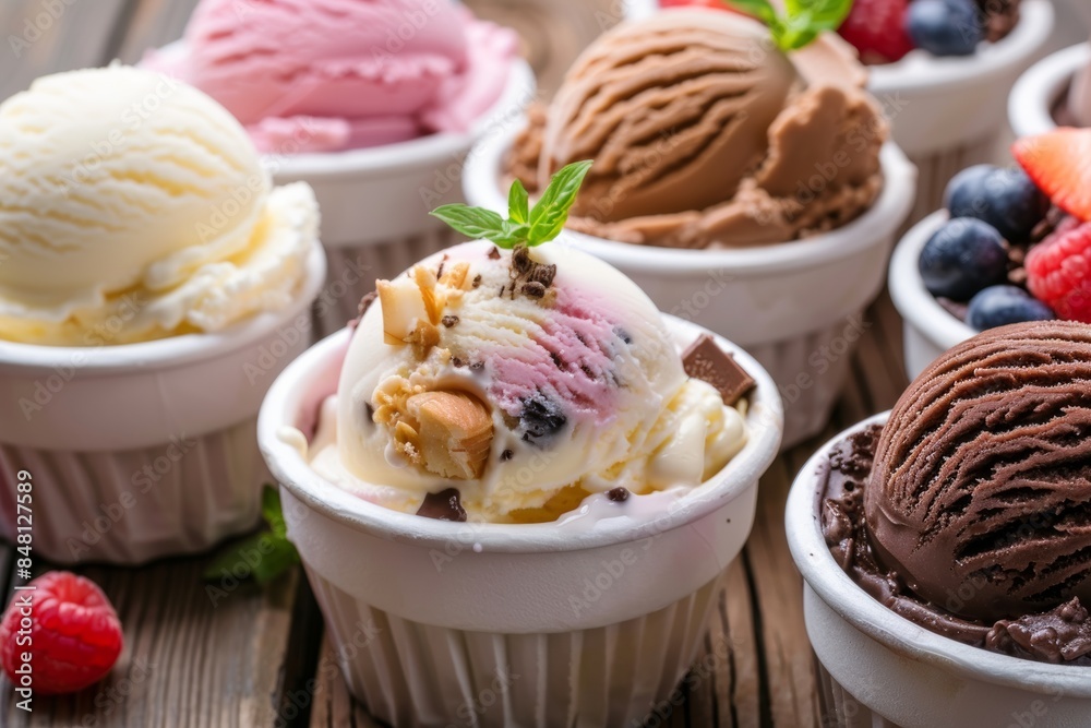 Assorted Ice Cream Scoops in Dessert Bowls. Variety of Ice Cream Flavors with Toppings Assorted Ice Cream Scoops in Dessert Bowls. Variety of Ice Cream Flavors with Toppings