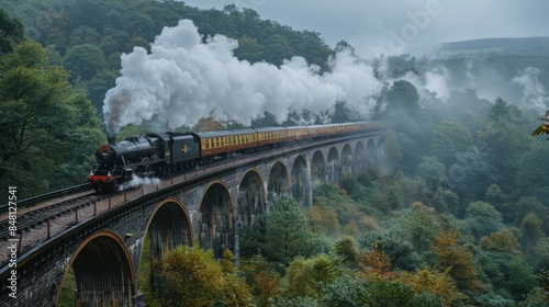 Steam train, very high bridge, photo, generated with AI