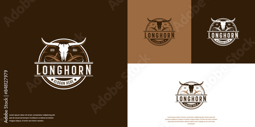 Retro style with bull head skull silhouette, texas state ranch, logo design vector.