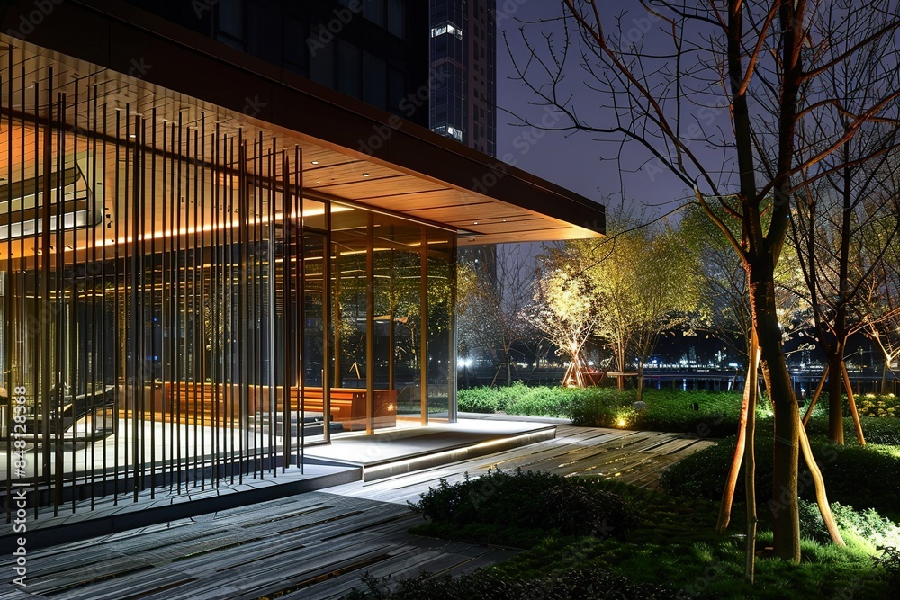 Naklejka premium contemporary office spaces in hangzhou west lake square at night on view from modern conceptual window