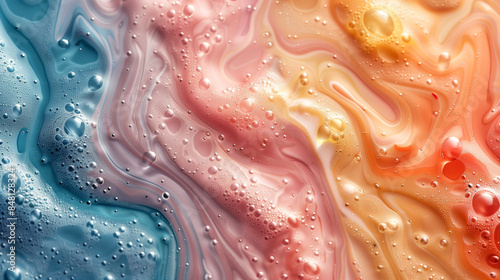 Abstract image of colorful ink in water, featuring dynamic waves and bubbles in shades of blue, pink, and orange, creating a mesmerizing and fluid texture