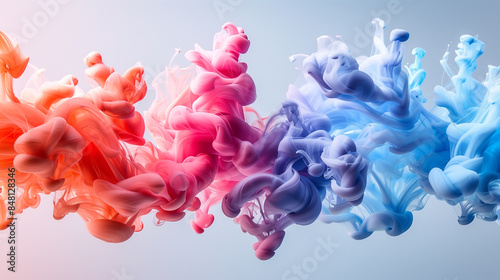 A vibrant display of colorful ink swirling and blending in water, forming dynamic abstract patterns in shades of red, pink, and blue