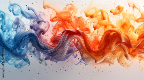 A vibrant display of orange and blue ink swirling and blending together in water, forming dynamic and abstract patterns with fluid and smooth motion
