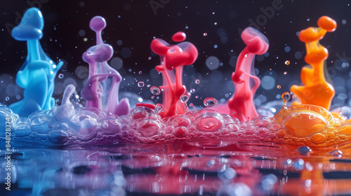 Vibrant image of colorful ink splashes rising in water, with bubbles creating dynamic shapes in shades of blue, pink, red, and orange, showcasing a lively and creative scene