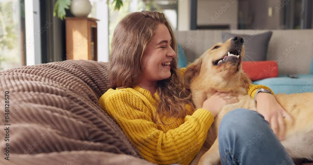 Woman, dog and pet in home for love, affection and trust or support in living room. Puppy, training and Golden retriever for adoption or rescue for animal, owner person and hug and canine best friend