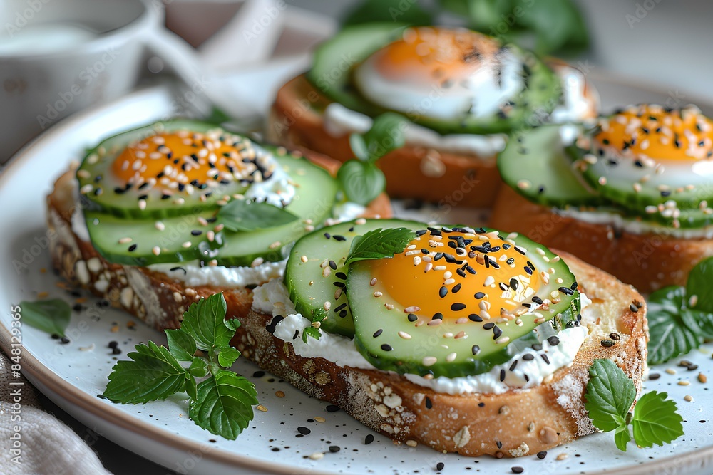 A white plate topped with bread covered in cucumbers and topped with an egg A white plate topped with bread covered in cucumbers and topped with an egg