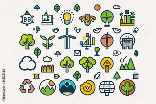 Ecology icons set: environmental protection, smart cities, sustainable industry and agriculture, animal welfare and renewable energy concept