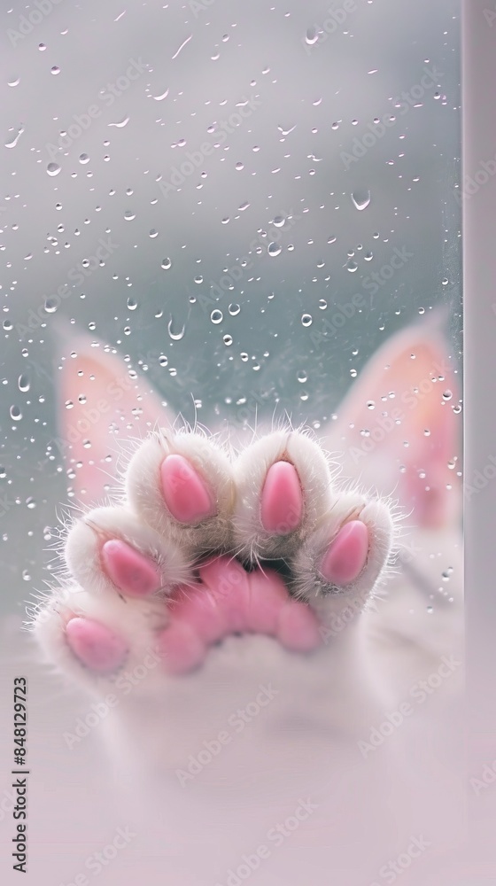 Fototapeta premium Through frosted glass,lsaw a cute cat face with a hazy texture, with pink claws, generated with AI