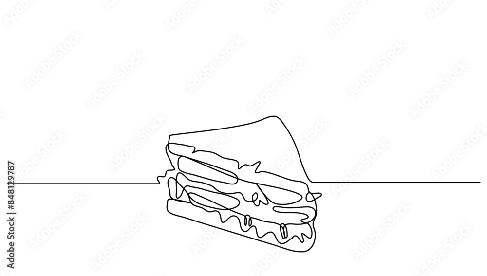 Continuous line art Sandwich bread with beef, vegentable and melted cheese for vector illustration. Concept fast food, street food, restaurant, business Continuous line art Sandwich bread with beef, vegentable and melted cheese for vector illustration. Concept fast food, street food, restaurant, business