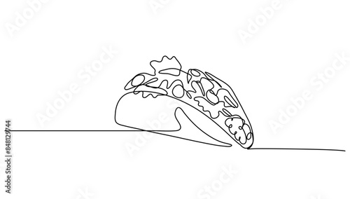 Continuous line art Taco full topped beef and vegentable for vector illustration. Concept fast food, food, restaurant, food business