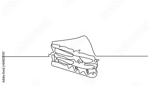 Continuous line art Sandwich bread with beef, vegentable and melted cheese for vector illustration. Concept fast food, street food, restaurant, business