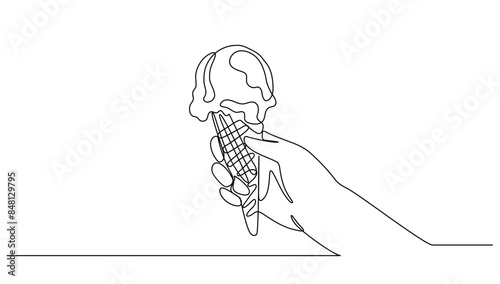 Continuous line hand holding ice cream. Concept ice cream food, street food, business vector illustration