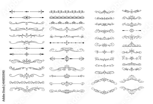 Vintage decorative dividers flat vector elements set. Elegant text delimiters with swirls antique design collection on white background