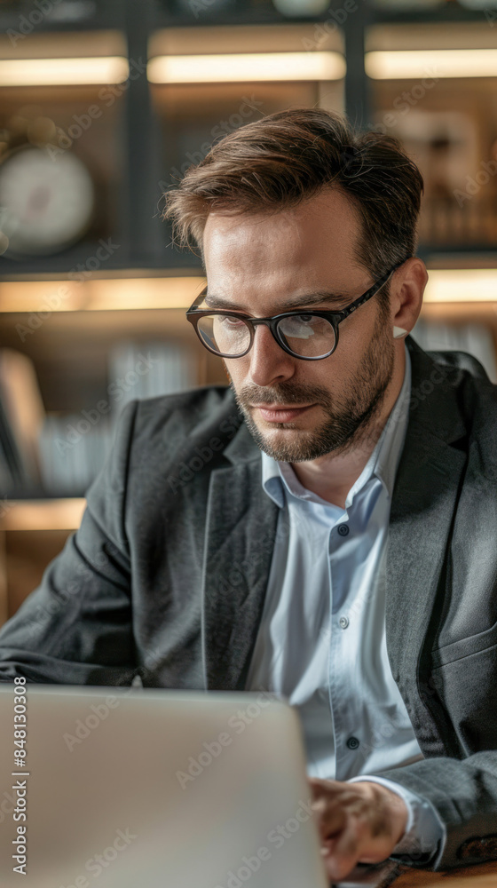 Focused Male Accountant at Work, Professional Environment, Diverse Workforce, Corporate Photography, Team Collaboration, Engaged Employees, Authentic Work Settings.