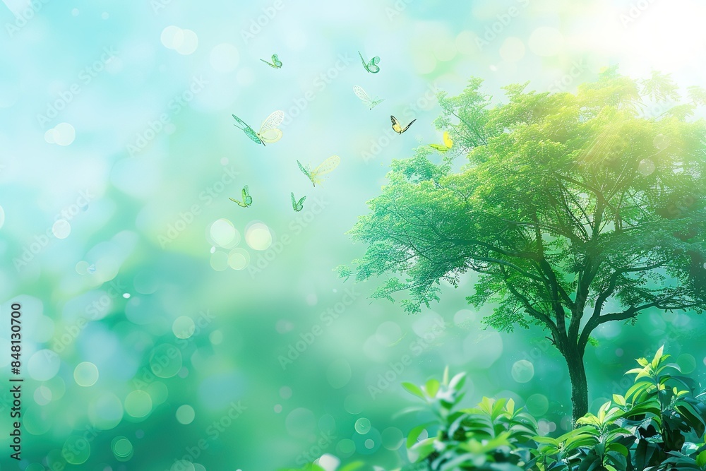 Obraz premium Green tree with eco icons on bright tropical nature background, Panoramic of Ecology and Environment concept with copy space