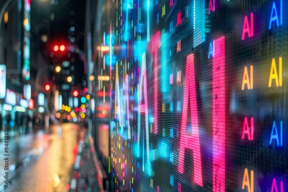Vibrant AI Sign in a Bustling City with Neon Lights at Night Vibrant AI Sign in a Bustling City with Neon Lights at Night