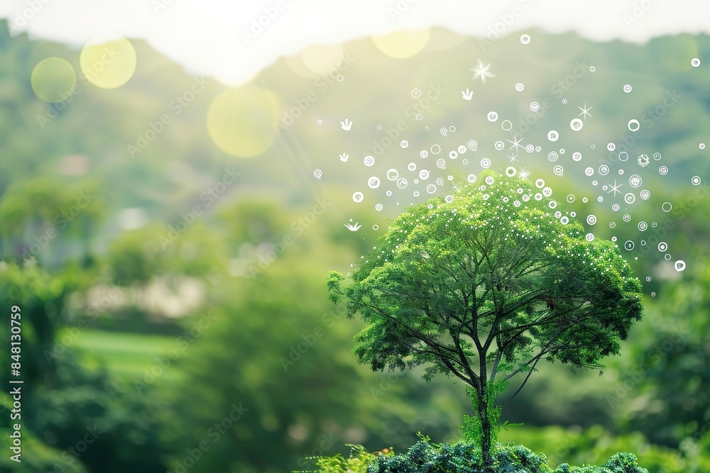Green tree with eco icons on bright tropical nature background, Panoramic of Ecology and Environment concept with copy space stock photo Green tree with eco icons on bright tropical nature background, Panoramic of Ecology and Environment concept with copy space stock photo