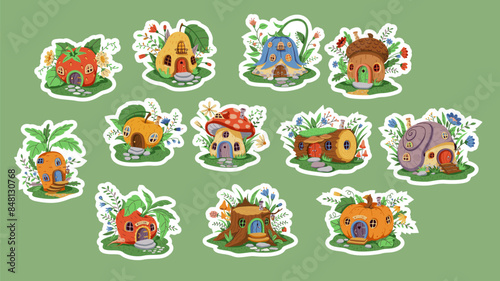 A large set of sticker packs on the theme of various fairy houses of a gnome or fairy. The house is on a green lawn decorated with flowers and leaves. The house has a wooden door and windows