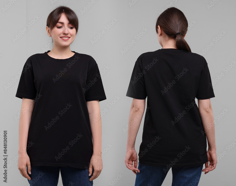 Woman wearing black t-shirt on light grey background, collage of photos. Front and back views Woman wearing black t-shirt on light grey background, collage of photos. Front and back views