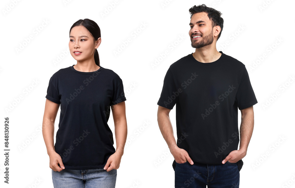 Woman and man wearing black t-shirts on white background, collage of photos Woman and man wearing black t-shirts on white background, collage of photos