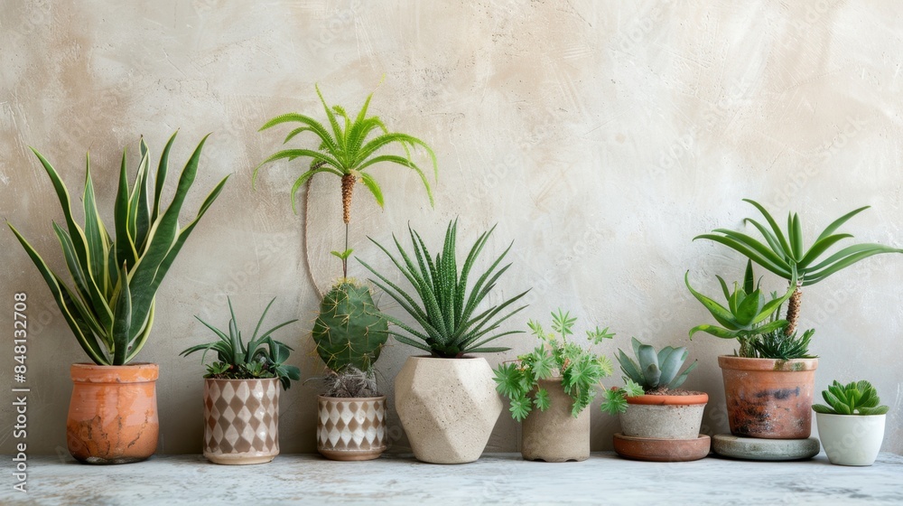Fototapeta premium A collection of decorative plants on a light, earthy background, highlighting natural home decor. --ar 16:9 --style raw Job ID: 7c5e0359-b709-430e-a687-d4482f788d97