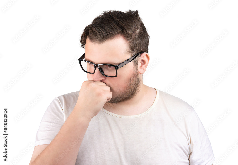 Chubby sad man pondering on a problem isolated on white background Chubby sad man pondering on a problem isolated on white background