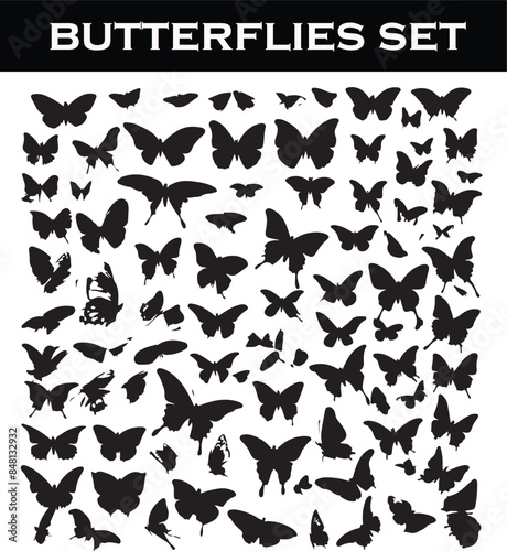 set of butterfly silhouette vector illustration. set of butterflies on white background, black butterflies Butterflies silhouette Flying butterflies silhouette black set