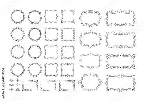 Vintage style frames, corners and decor flat vector elements set. Borders with swirls and curves elegant design collection on white
