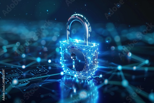 modern conceptual hi tech, mechanical technology cyber security privacy information network concept padlock protection digital network internet link on hi tech blue future background