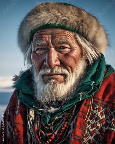 International Day of the World's Indigenous Peoples. the Chukchi tribe of Yakutia. A man of Buryat nationality against the background of ice icebergs in the ocean. photo