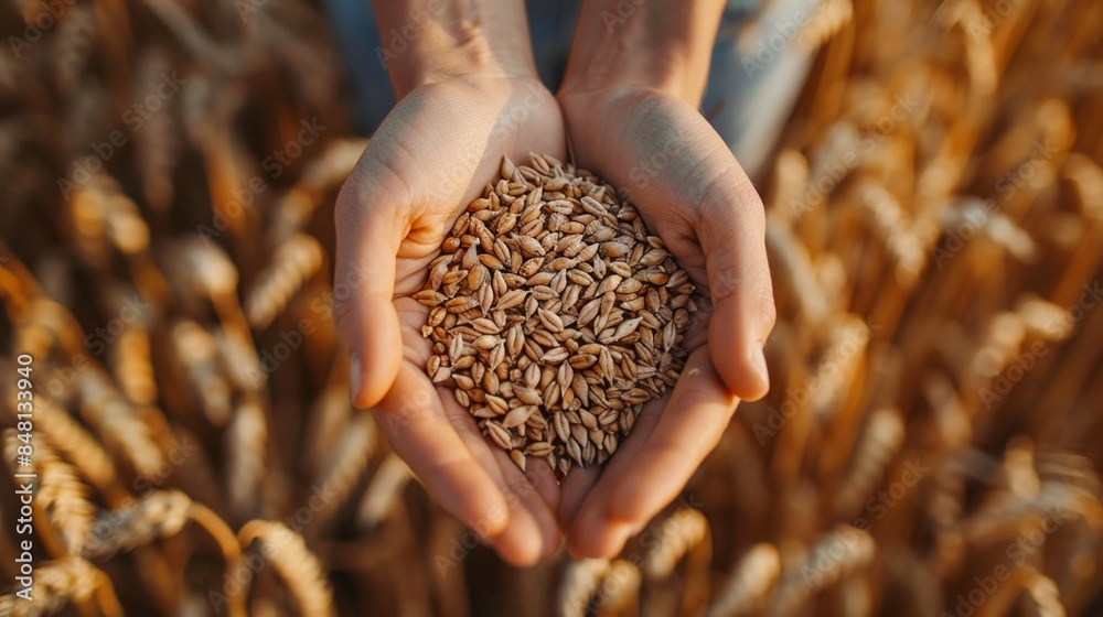 Wheat grains in hands of farmer in wheat field. Wheat grains in hands of farmer in wheat field.