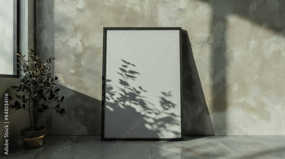 black wooden frame poster standing on the floor, mockup black wooden frame poster standing on the floor, mockup