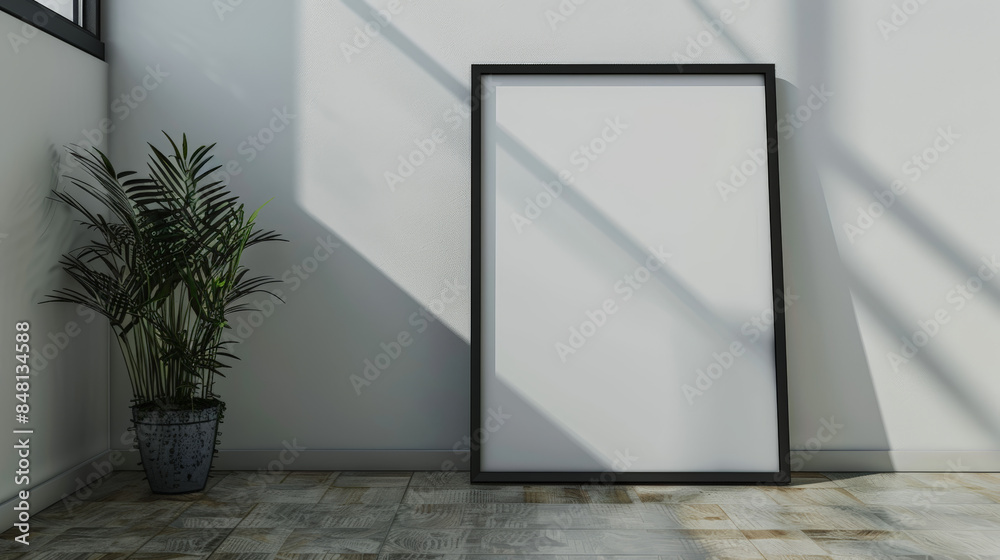 black wooden frame poster standing on the floor, mockup black wooden frame poster standing on the floor, mockup