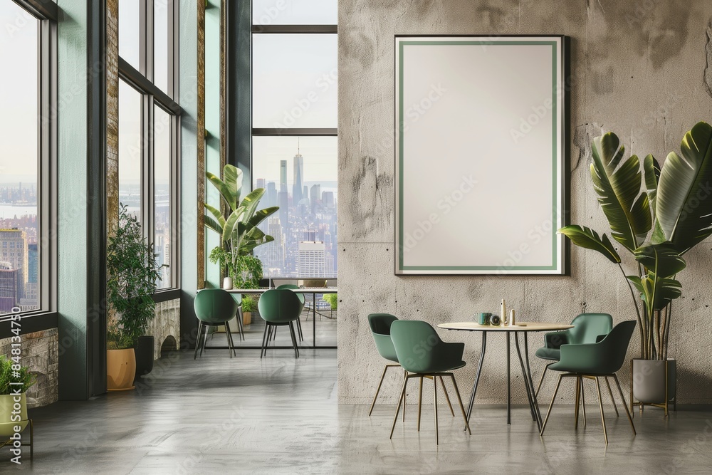 Open office space in white and green with a poster Open office space in white and green with a poster