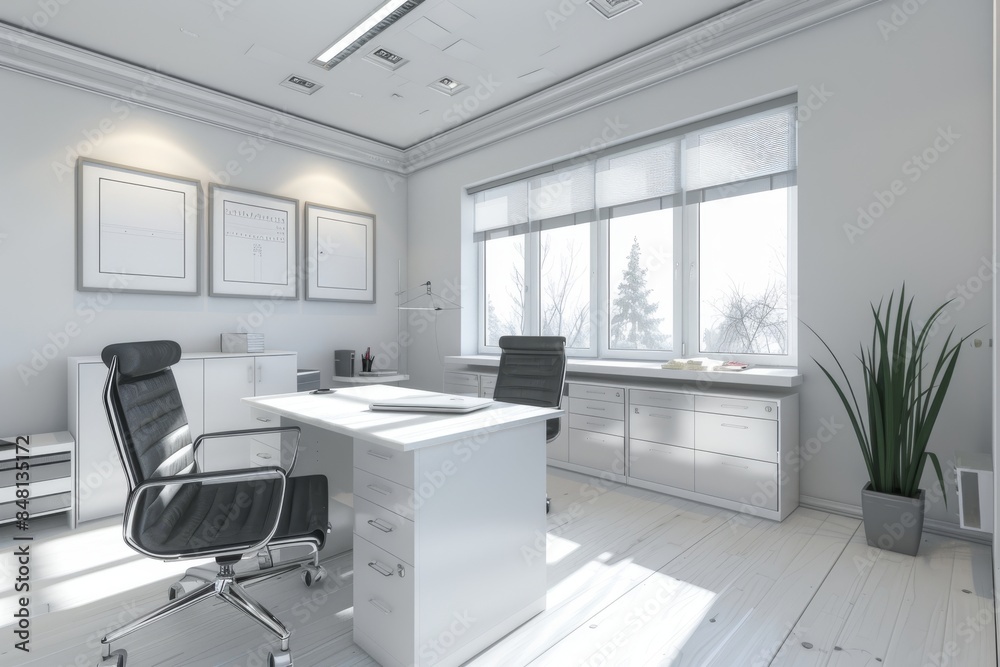 Office furniture and panoramic window in a modern coworking space Office furniture and panoramic window in a modern coworking space