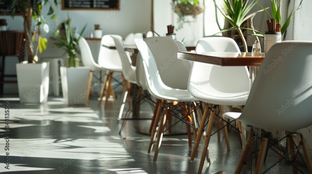 In a well-lit, elegant restaurant interior, the tables are set for dining, there are no people, a modern decor and the concept is dining out. It uses stock artificial intelligence. In a well-lit, elegant restaurant interior, the tables are set for dining, there are no people, a modern decor and the concept is dining out. It uses stock artificial intelligence.