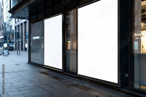 Wallpaper Mural The facade of a store with two blank white posters, the exterior of a modern building, the street view, and the concept of advertising space are generated by artificial intelligence. Torontodigital.ca
