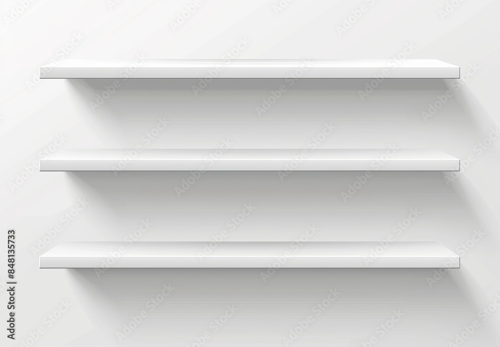 The images depict a minimalist retail display with two white shelves on a white wall. Stock AI. The images depict a minimalist retail display with two white shelves on a white wall. Stock AI.