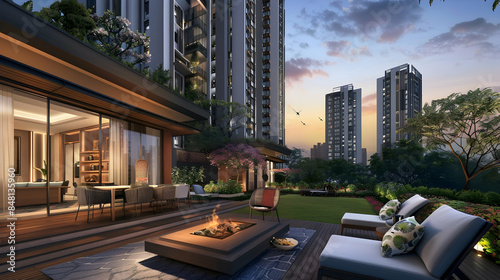 Elegant residential towers with a communal rooftop garden and BBQ area