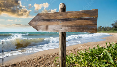 sign in the sand.Wood beach sign.Rustic wooden beach sign with blank space for text, positioned near the shoreline with waves in the background.