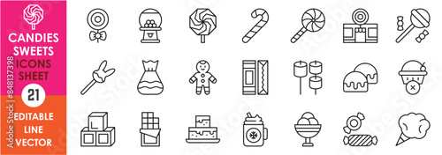 A set of line icons related to candies and sweets. Candy, love, chocolate, cotton candy, lollypop, Choco bar, and so on. Vector outline icons set.